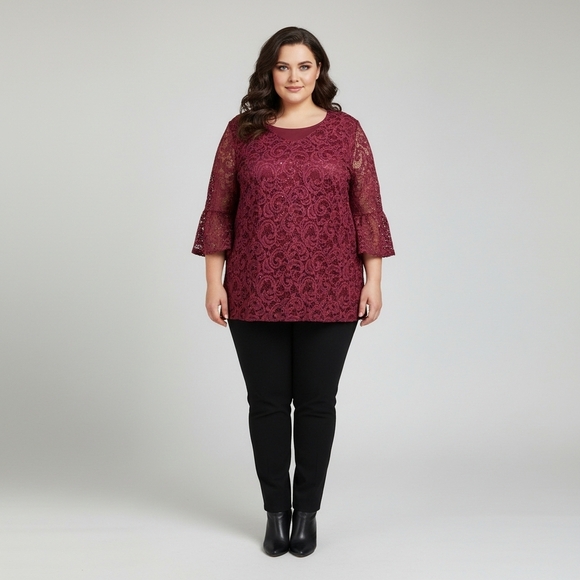 Plus Size 3x Maroon Blouse Fancy Holiday Bell Sleeve Sequin Shimmer Catherines - Picture 1 of 7